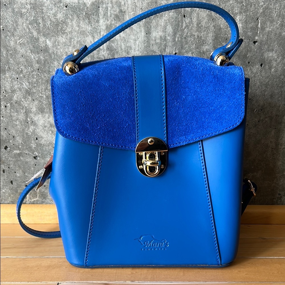Blue Leather Backpack with Gold Clasp